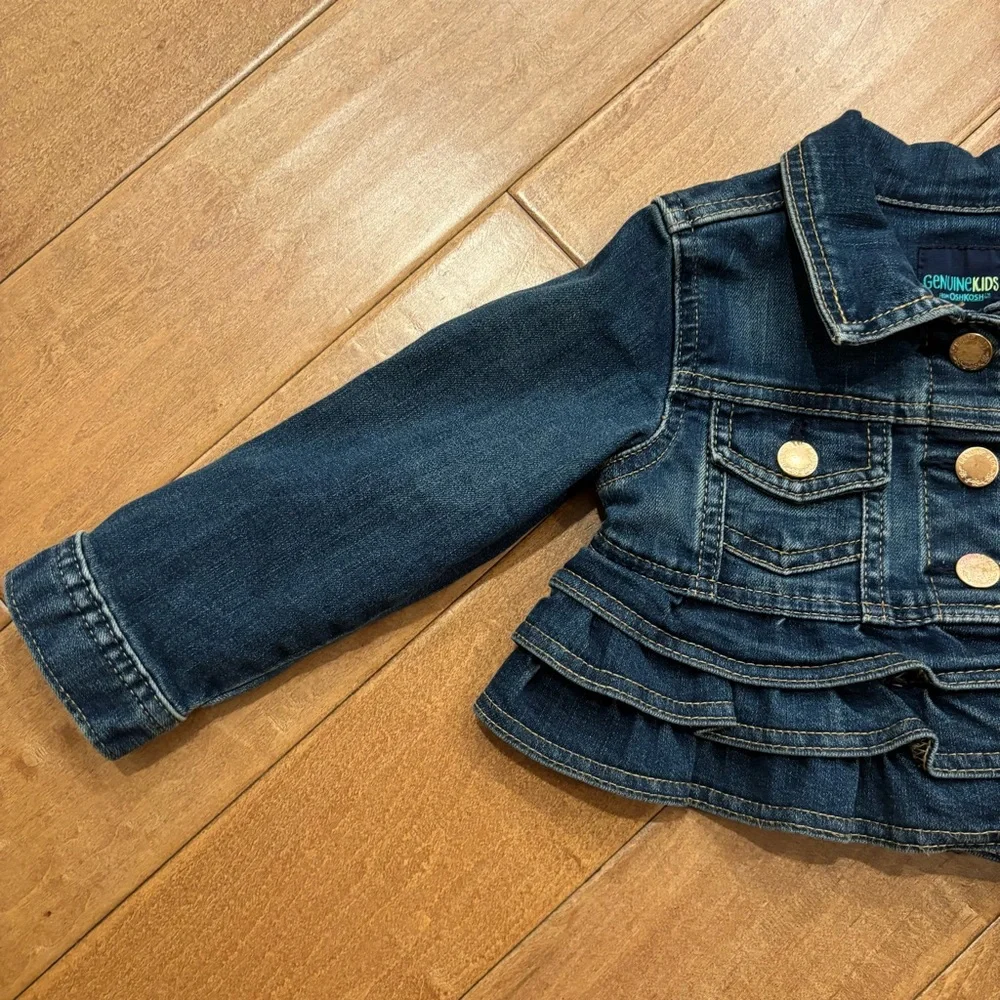 Genuine Kids Oshkosh Girls Toddler Blue Denim Jean Ruffle Snap Front Jacket 2T